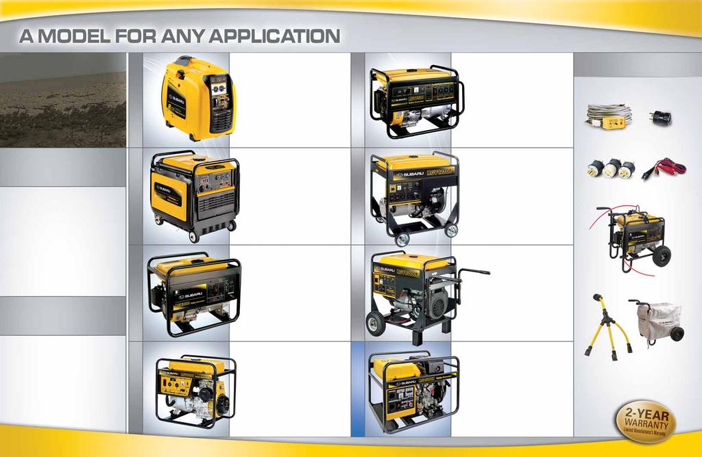 For applications demanding reliable, portable power, Subaru has the answer a full line of generator solutions, ranging from small, lightweight units to industrial capacity models.