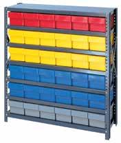 capacity per shelf. Closed shelving provides a dust free environment for stored parts. Shelving is Gray, drawers are available in Blue, Red, Yellow or Gray. COMPLETE PACKAGES with Bins!