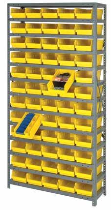 capacity per shelf. 36" wide shelving has a smooth powder coat finish. Bins are available in Blue, Green, Ivory, Red, Yellow, Black and Clear.