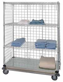 25 MDRQDBS632460 3 SIDED STEM CASTER LINEN CART WITH 3 WIRE SHELVES AND 1 SOLID SHELF WITH ENCLOSURE PANELS DIMENSIONS SHIP MODEL NO.