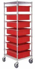 MDRQBC632436 Each unit consists of: 4-63" posts 5 - wire shelves 4 - MDRQDS1824 bin slides 4-5" swivel poly stem casters, 2 with brake 4 - donut bumpers 4 - MDRQDG93030 bins (Blue, Red, Gray and