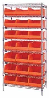 STACKABLE SHELF BIN WIRE SHELVING SYSTEMS BINS Stackable Shelf Bin Wire Shelving Systems - Complete Packages MDRQWR8461 18"W x 36"L x 74"H 8 shelves and 35 MDRQSSB461 18"L x 6"W x 7"H bins MDRQWR8463