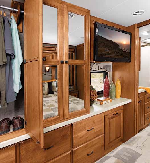 You ll appreciate how every inch of space has been put to good use, from the option of folding DVD players in the bunks to the spacious shower stall with skylight.