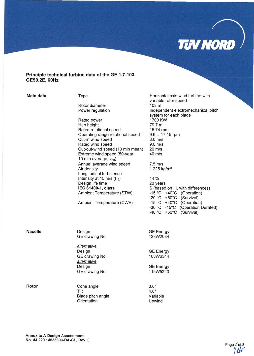 Principle technical turbine data of the GE 1.7-103, GE50.