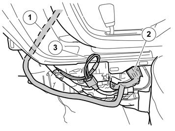 8 Applies to left-hand drive cars Insert the long fiber-optic cable (1) in front of the air duct and across the center console.