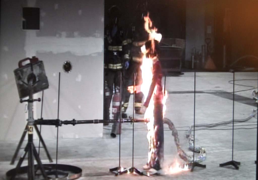 Figure 5: Residual burning of mannequin and clothing post flame jetting