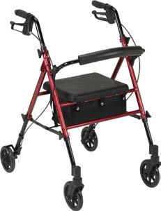 A B C A B C Aluminum Rollator, 6" Casters Fold-up and Removable Back Support, Universal Seat Height, Padded Seat, Loop Locks RTL10261BL Blue 1/cs RTL10261RD Red 1/cs Universal height adjustment on