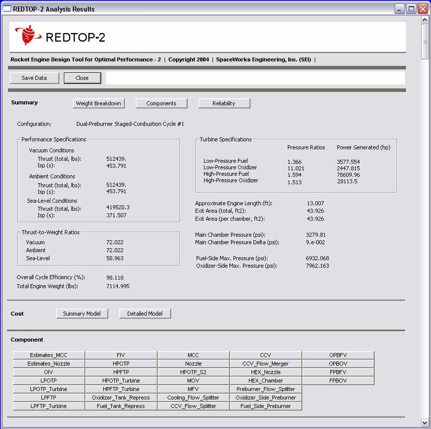 Figure 3. REDTOP-2 GUI-Results Dialog Window. III. Test Cases REDTOP-2 models have been constructed and executed for a number of actual liquid rocket engines.