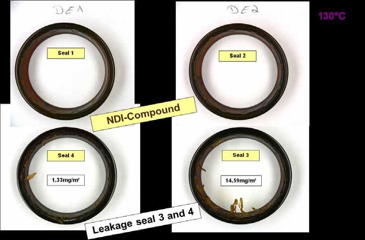 Figure 12 Comparison of the change of interference between PPDI and high-performance MDI materials. Figure 13 Commercial NDI-based material, 130 C; note the thick, broken extrusion on seals 3 and 4.