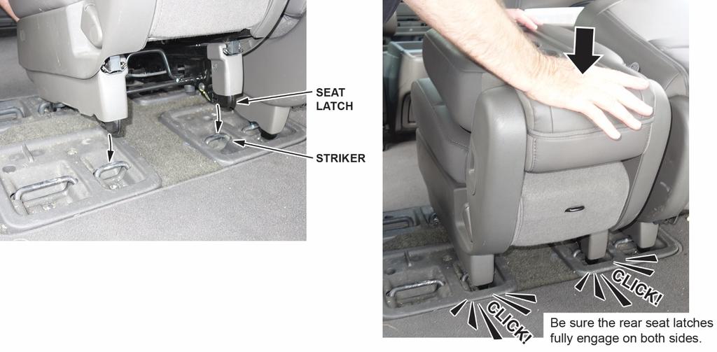 Hook the front of the seat to the floor first, then push down the rear of the seat-back