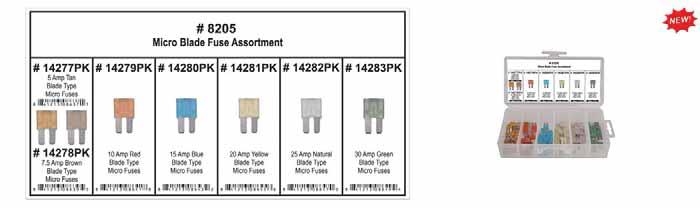 Assortments Assortment 8205 Contains 7 Different Sizes 95 Total Pieces 5 AMP TO 30 AMP Fuses Micro Blades Fuse Assortment Moulding Clips 12808PK 5/16" (8mm)