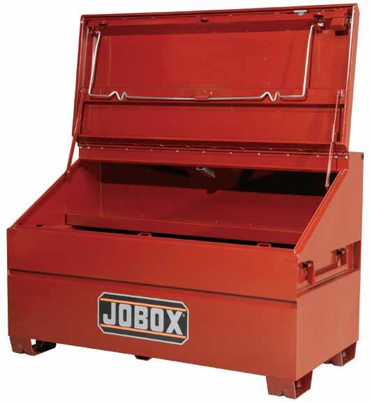 SLOPE LID CHEST Hold your morning meetings around the JOBOX Slope Lid Chest. The locking lid makes the perfect surface for working on plans and laptops on the job site.