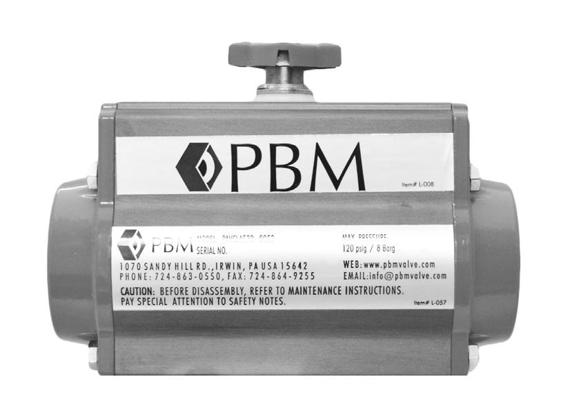 Torque Ratings for PBM Actuators Spring Return Actuators Double Acting Actuators Actuator Model Spring Set (in-lbs) 60 80 Spring Torque Output Air Pressure at Actuator () Air pressure at actuator ()
