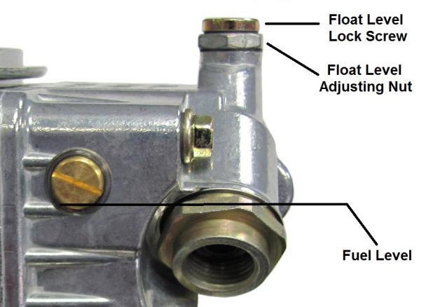 5. Using a 5/8 wrench, turn the adjusting nut in the appropriate direction: Clockwise to lower float and counter-clockwise to raise float. 6. Turn the adjusting nut in increments of 1/4 of a rotation.