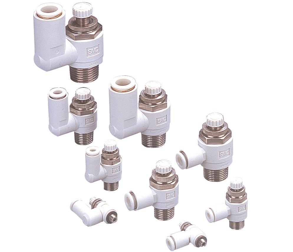 elbow or universal body types With meter-in or meter-out control as standard options Optional NPT threads and inch tubing versions with meter-in or meter-out control as standard options Ask SMC