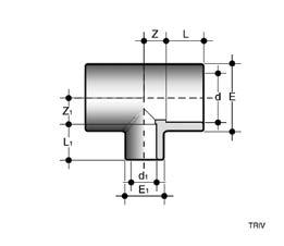 TRIV 90 reducing Tee with reduced branch and solvent weld sockets d x d 1 PN E E 1 L L 1 Z Z 1 g Code 25 x 20 16 33 28 19 16 14 14 37 TRIV025020 32 x 20 16 41 28 22 16 17.5 17.
