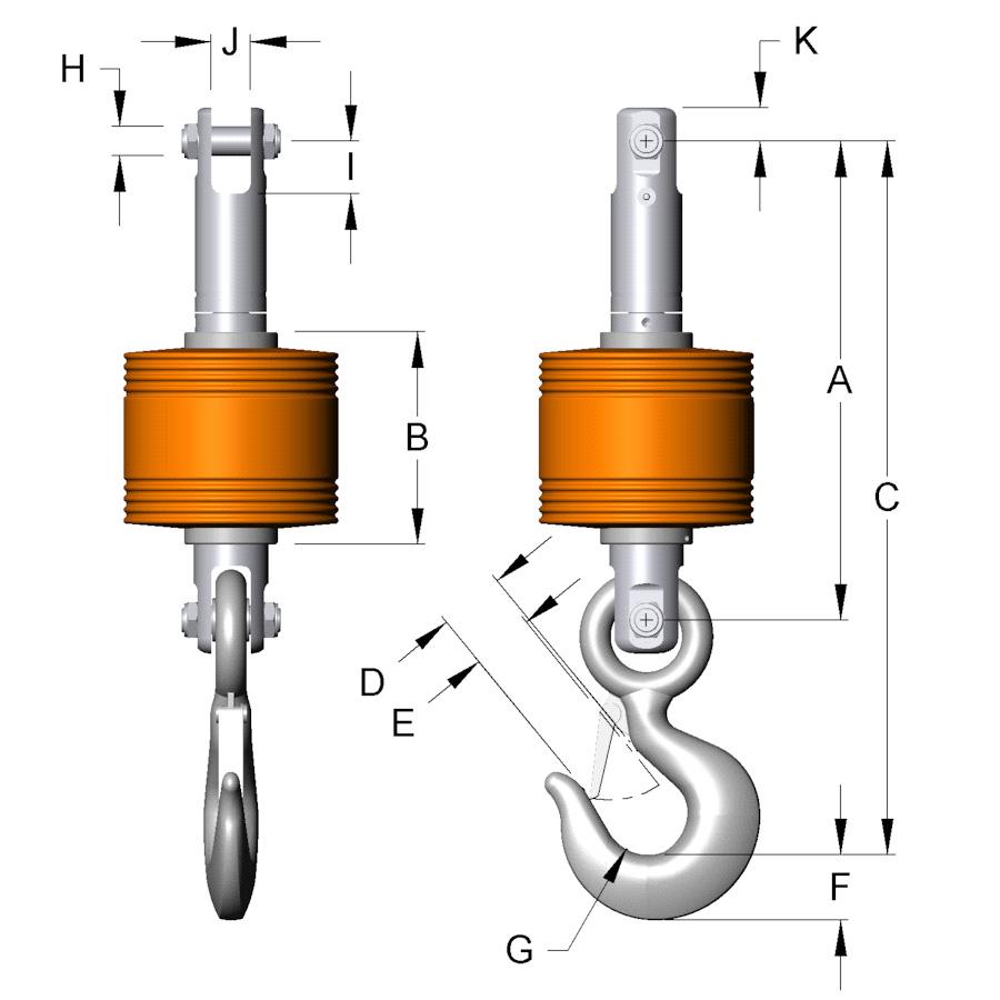 INSULATING LINKS, SWIVELING, ISO/LINK-AC CLEVIS TO HOOK TYPE 1 EYE TO HOOK TYPE 2 CLEVIS TO HOOK, SWIVELING - TYPE 1 WLL Model Number ROPE A B C D E F G H I J K WEIGHT LINK SWIVEL 3 ML6C-1 1/2 13.