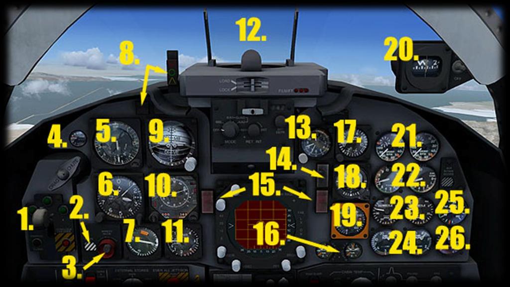 13) Annunciator Lamps Panel. 14) Cockpit Lighting Switch. Toggle 3 states by clicking left/right sides. 15) Navigation Lights Switch. Pilots Panel - upper 1) Landing Gear Lever & Warning Lamps.