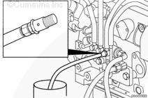 Insert a fuel drain hose, Part Number 3164618, in place of the banjo bolt. Insert the end of the fuel drain hose into a graduated cylinder, Part Number 3823705, to measure injector return flow.