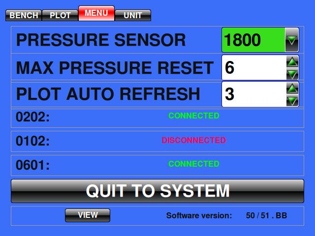 Menu Pressure sensor type Max pressure reset time Plot auto refresh time Connection status Quit to system View customization Software version Pressure sensor type the user sets parameter according to