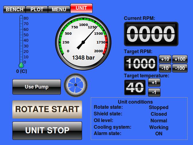 Test bench mode menu Real pressure Target RPM Real RPM Real temperature Supply pump Start rotation Common stop Target RPM control Target temperature control Test bench systems status Target