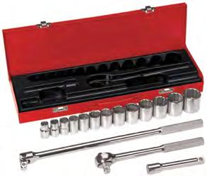 37 65510 8-Piece 3/8" Drive Deep-Socket Set Set consists of the following pieces: One extension: 5" long. One flex handle: 17" long. One ratchet. Hinged metal box.
