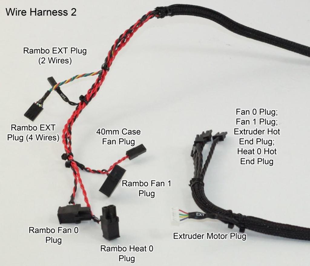 Wire Harness 2 Connects the Extruder Motor, Fan 0, Fan 1, Extruder Hot End and Heat 0 Hot End.