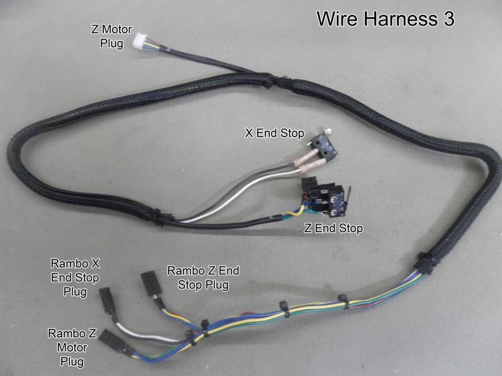 Wire Harness 3 - Connects Z Motor, Z End Stop and X End Stop Z Motor Plug is connected to the Z Motor X End Stop is attached to the Top Plate Z End Stop Plug is attached to the rear 10mm rod using