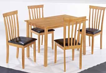 Oak Veneer Matt White Oak finished table with 4 grey fabric chairs. Oak finished table with 4 black faux leather chairs.