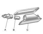 9-40 Vehicle Care A. Bulb Socket B. Lamp Assembly C. Bulb 3. Turn the bulb socket (A) counterclockwise to remove from lamp assembly (C). 4. Pull the bulb (B) straight out of the bulb socket. 5.