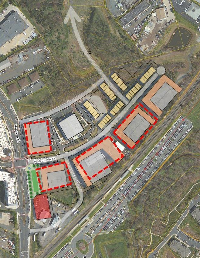 CITY CENTER DEVELOPMENT CONCEPT Illustrates how VRE garage might work as part of long term redevelopment Future Road Extension to Owens Drive Residential Mixed Use Bridge or tunnel connection at VRE