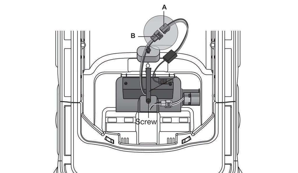 Battery Removal 17 Battery Strap 1. Unlock and remove the seat. 2. Disconnect the red battery connector (A) from the red engine connector (B). 3.