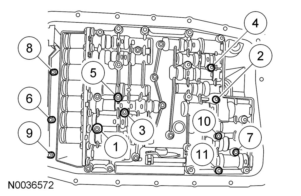 Position the main control assembly in place and loosely install the 11 bolts. 1 Align the manual valve and control lever linkage. 7.