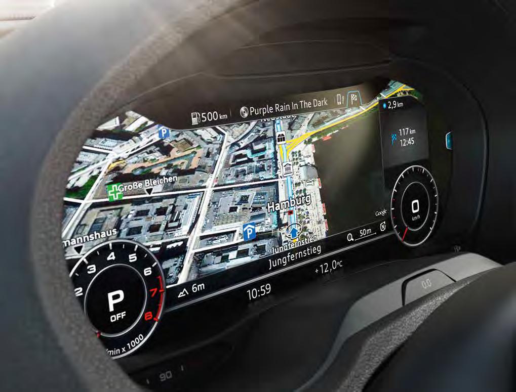 Customisable control. The information you need is always changing, so the Audi Virtual Cockpit changes too. Available as an option, it replaces the traditional dashboard with a high-resolution, 12.