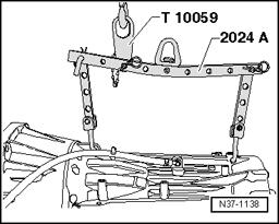 Transmission, removing and installing Page 12 / 12 Shackle T10059 Workshop crane VAS 6100 - Fasten engine sling 2024 A with shackle T10059 to shop crane VAS 6100, as shown in the illustration.