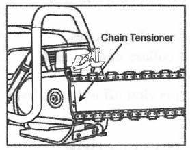 CHAIN TENSIONER NOTE: The chain tensioner is located on side cover, to the outside of the guidebar. Most common causes of tensioner damage: Side cover nut is not tight enough.