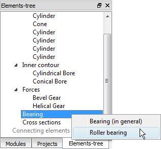 1.4 Introducing Bearings Right-click the group Bearing in the Elements-tree und choose the option Roller Bearing from the context menu (see Fig. 1.4-1)