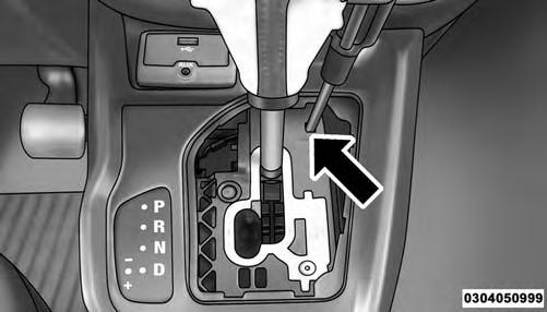 344 WHAT TO DO IN EMERGENCIES gear selector to the NEUTRAL position (the shift knob button must be pushed normally to move the lever). Gear Selector Override Access Hole 6.