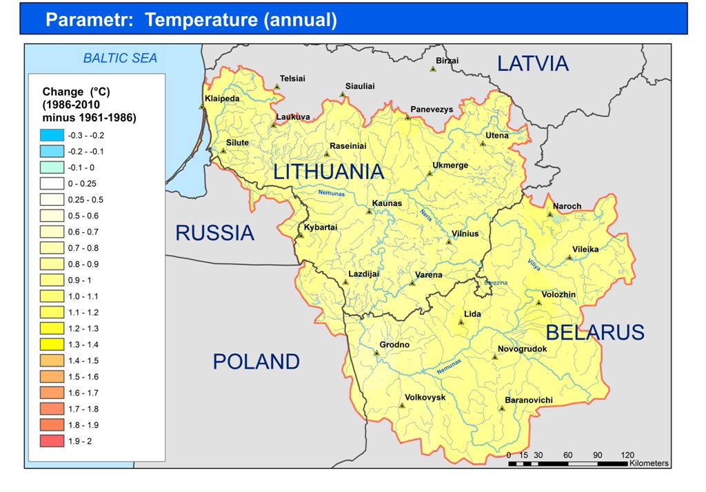 50 40 42.0 Assessment of the change of runoff (%) in the Niemen Basin (1985-2009) - (1961-1984): average annual +2.7%; minimum (summer-autumn) +7.2%; minimum (winter) +17.5%; maximum (spring) -27.