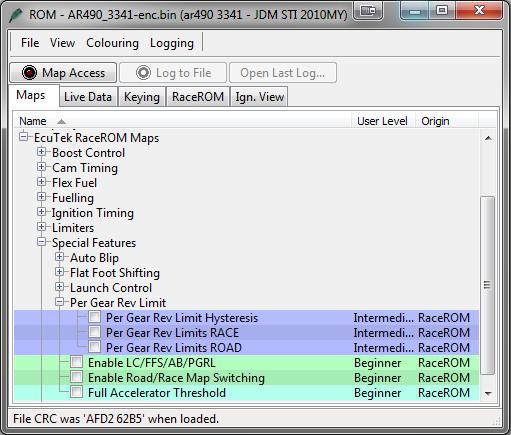 Per Gear Rev Limits Feature Method of Operation The Per Gear Rev Limits feature is enabled by the Enable Per Gear Rev Limit checkboxes in the enable LC/FFS/AB/PGRL map.