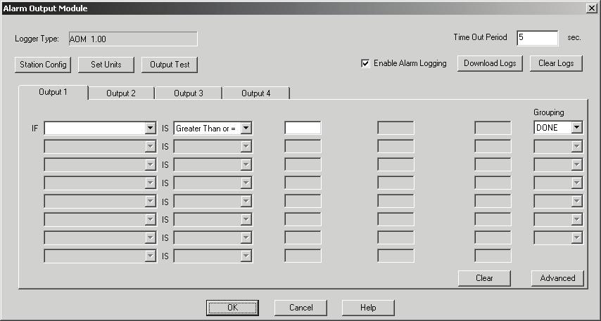 Four outputs labeled 1 through 4 are available to the user as tabs on the main configuration dialog box. Each row represents an individual logical test condition.