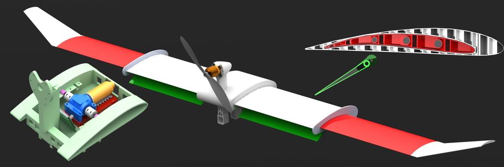 Wings and Propulsion 6 inches CAD rendering of telescoping wings in slow speed configuration, cross section of wings and wing retraction mechanism highlight Multispeed