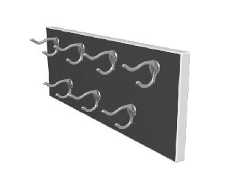 Coat hook panel with two rows of cast satin aluminum coat hooks spaced 6 apart. The panel is finished with VGS laminate and PVC edging on all four edges. 2 6 Min.