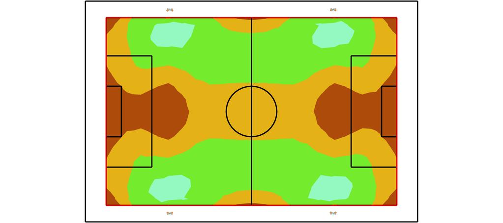 2 Football pitch 75 lux 2.2 Summary, Football pitch 75 lux 2.2.1 Result overview, Football field [m] 40 N 30 20 10 0-10 -20-30 -40-60 -50-40 -30-20 -10 0 10 20 30 40 50 60 [m] Illuminance [lx] 50 75