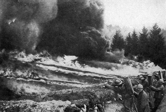 Ignited by a small charge, the oil became a jet of flame. Flame-throwers were first used at the Western Front in October 1914.