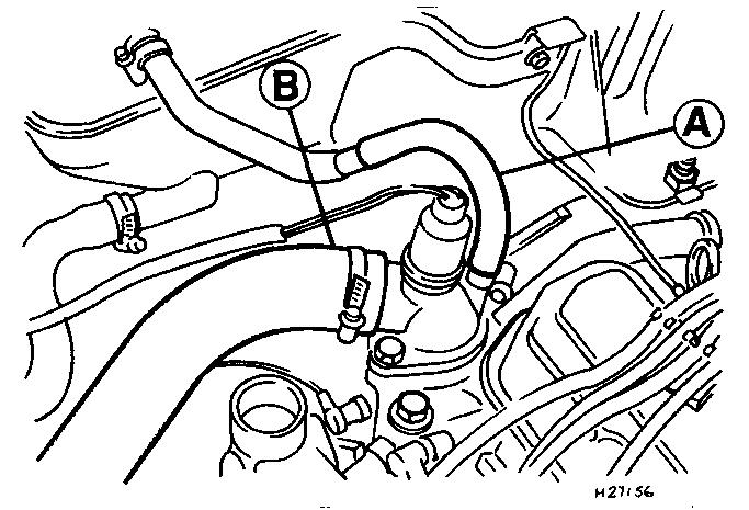 Engine removal and overhaul procedures 2D 7 3.6a Disconnect the overflow hose (A) and the top hose (B) from the thermostat housing 3.