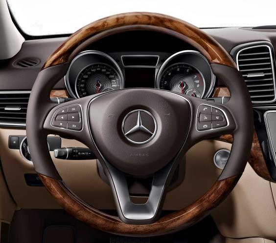 On the right, the driver can control the volume of audio devices, telephone and navigation system 281 AMG Performance Steering Wheel Standard on GLS63 For even more grip when carrying out sporty