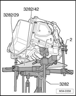 Transmission, removing and installing - Align transmission support arms to correspond with the holes in Adjustment Plate 3282/42. - Screw in attachments as depicted on adjustment plate 3282/42.