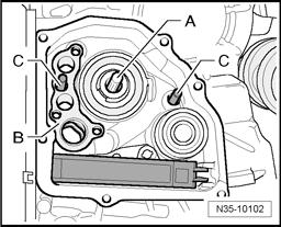 Transmission oil pump, removing and installing - Slide input shaft - A - for transmission oil pump into transmission until it stops. turn input shaft slightly while doing this.