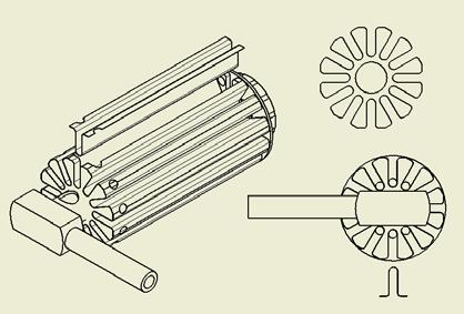 Figure 8: Omega recuperator partially assembled (left); separate drawing of flower disc (top right); bottom view of recuperator (middle right); Cross section through Omega heat transfer membrane